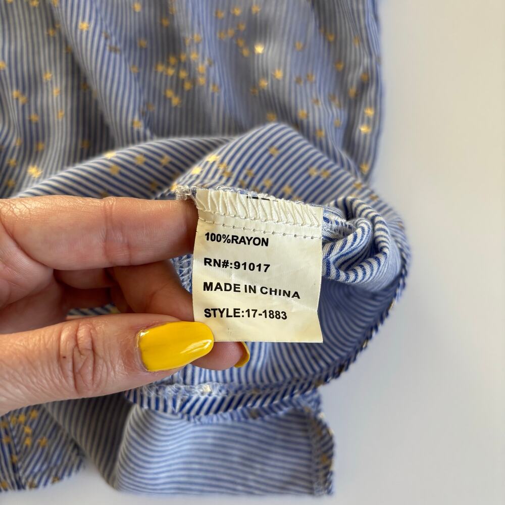 Solitaire Blue and White Striped Long Sleeve Button Down Blouse Gold Star Print - Picture 6 of 6